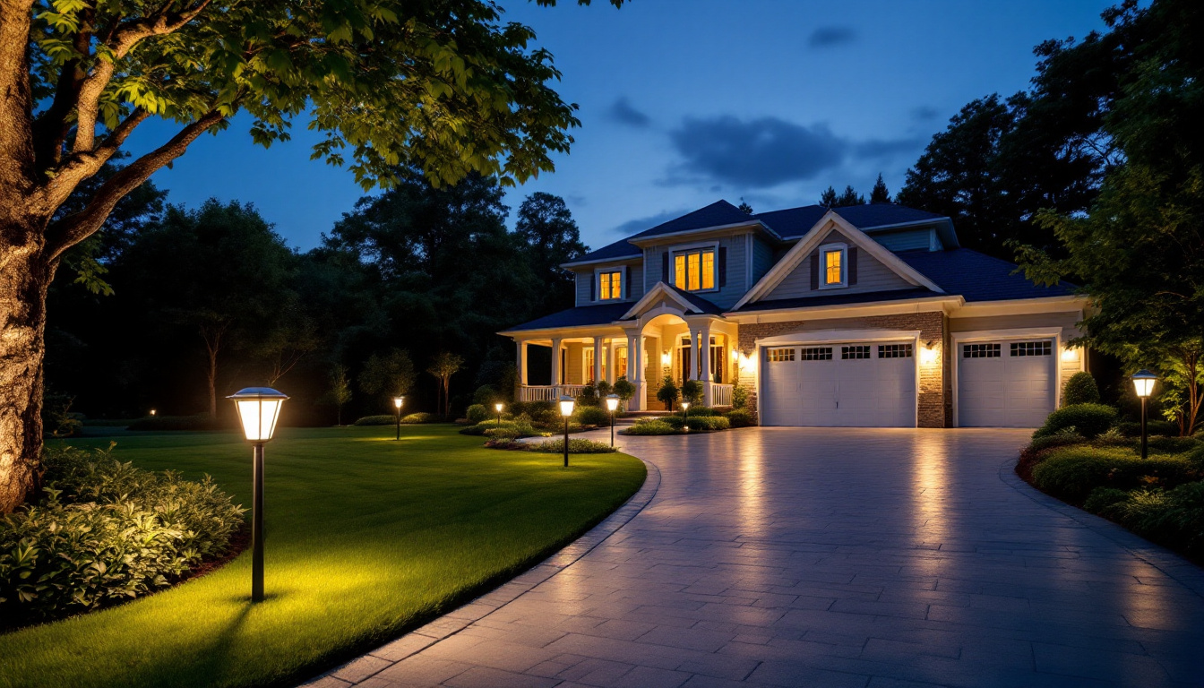 A photograph of a beautifully illuminated driveway at dusk