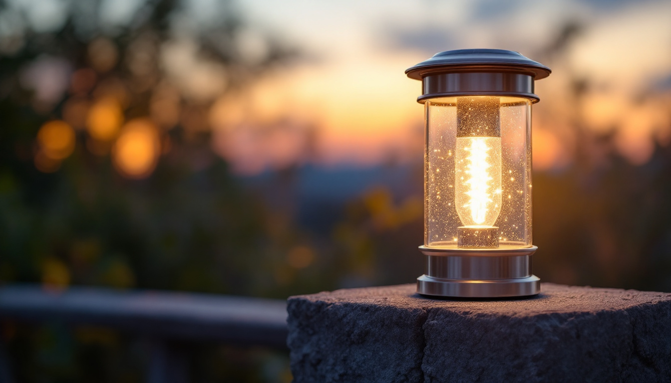 A photograph of a beautifully designed silver solar lantern illuminated at dusk