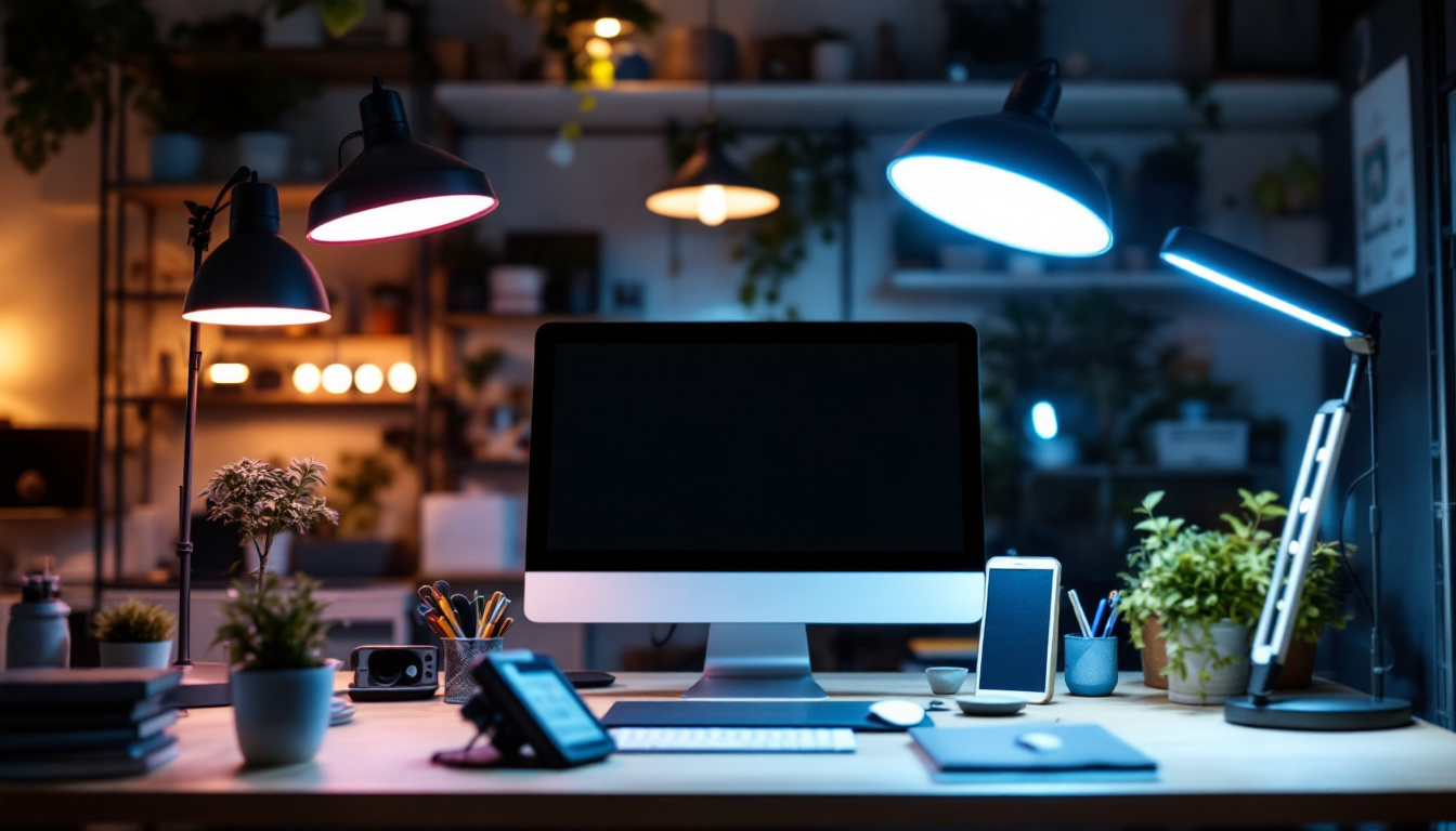 A photograph of a well-lit workspace featuring various led shop lights in use