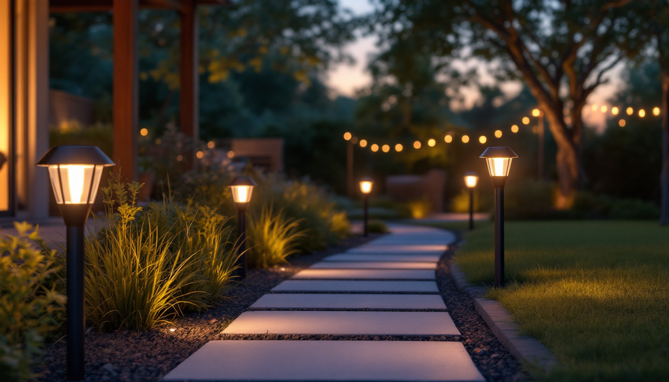 A photograph of a beautifully illuminated outdoor space featuring solar-powered led lights in various settings—such as a garden