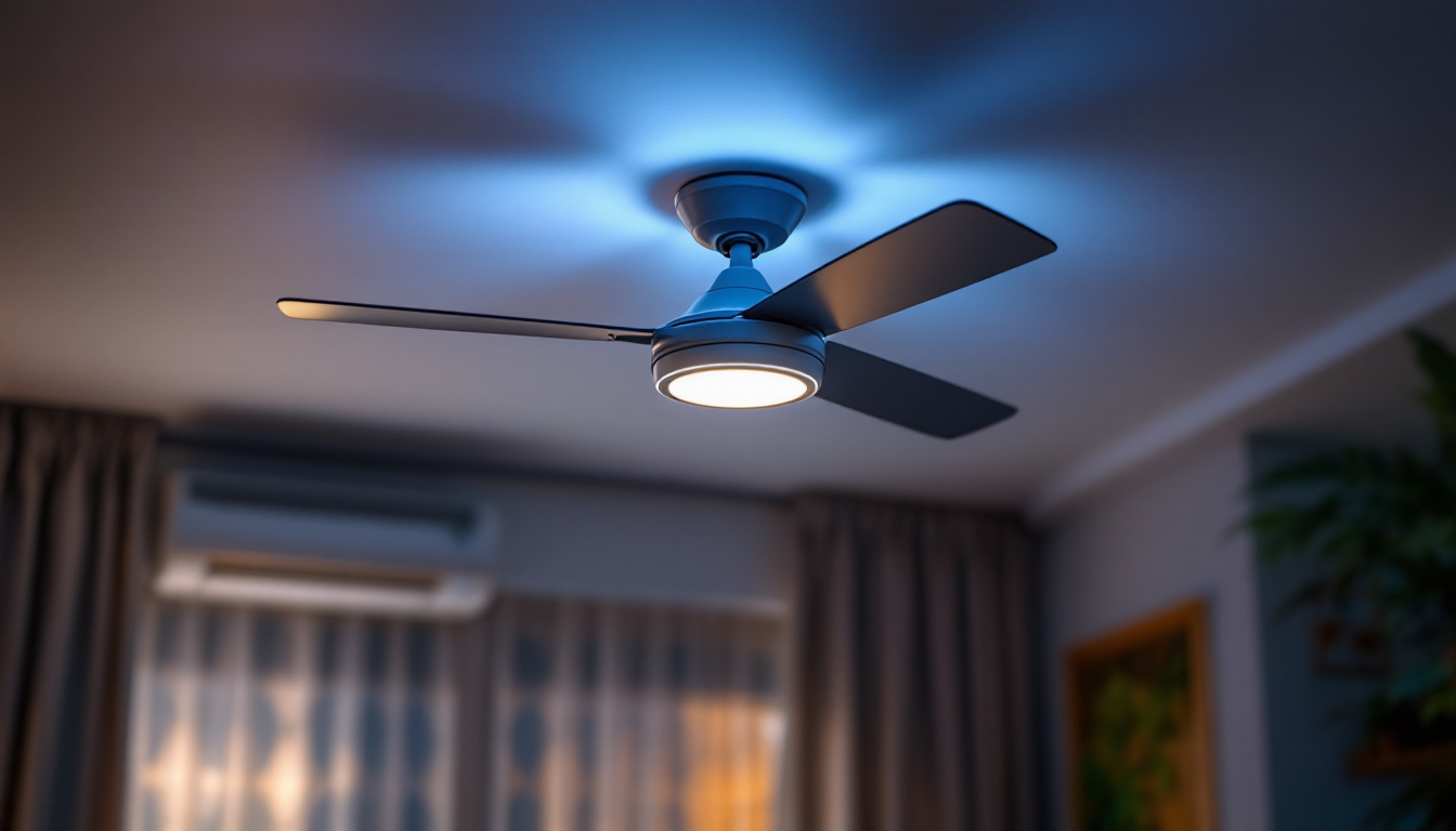 A photograph of a stylish ceiling fan with integrated lights in a well-lit room