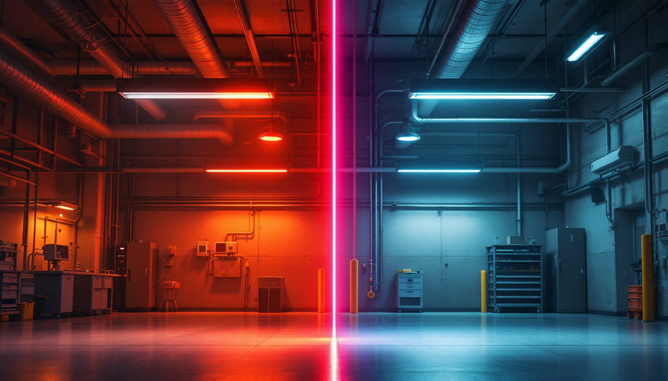 A photograph of a side-by-side comparison of industrial and commercial emergency lighting setups