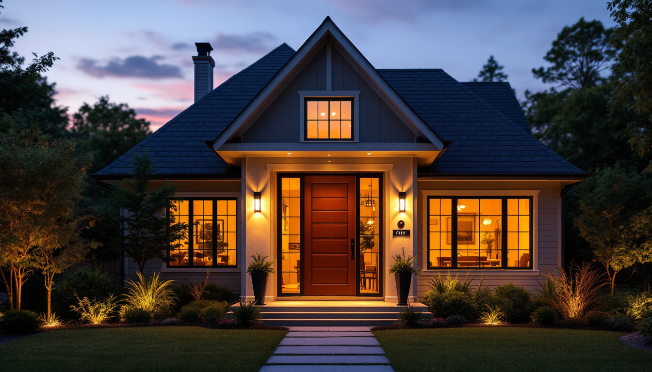 A photograph of a beautifully lit front door at dusk