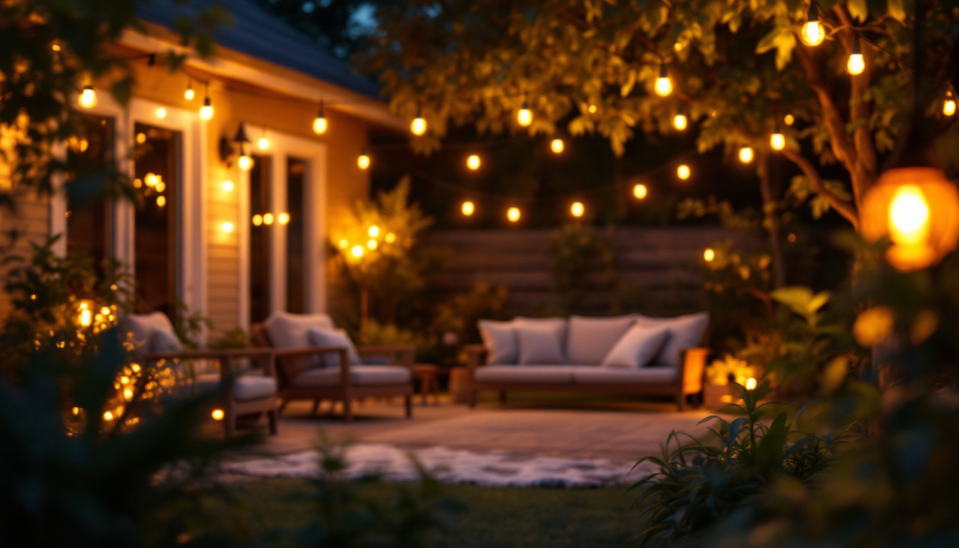A photograph of a cozy outdoor setting illuminated by solar-powered string lights at dusk