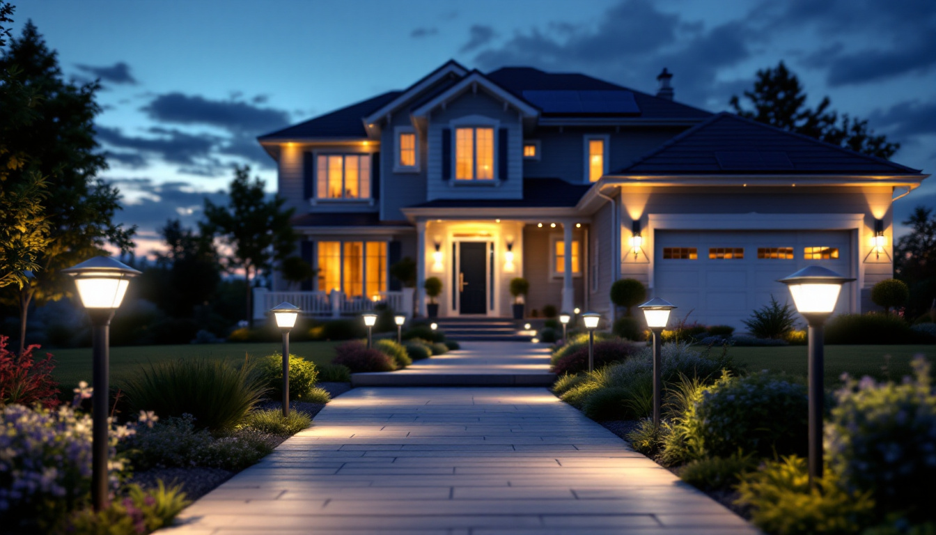 A photograph of a beautifully illuminated exterior of a home at dusk