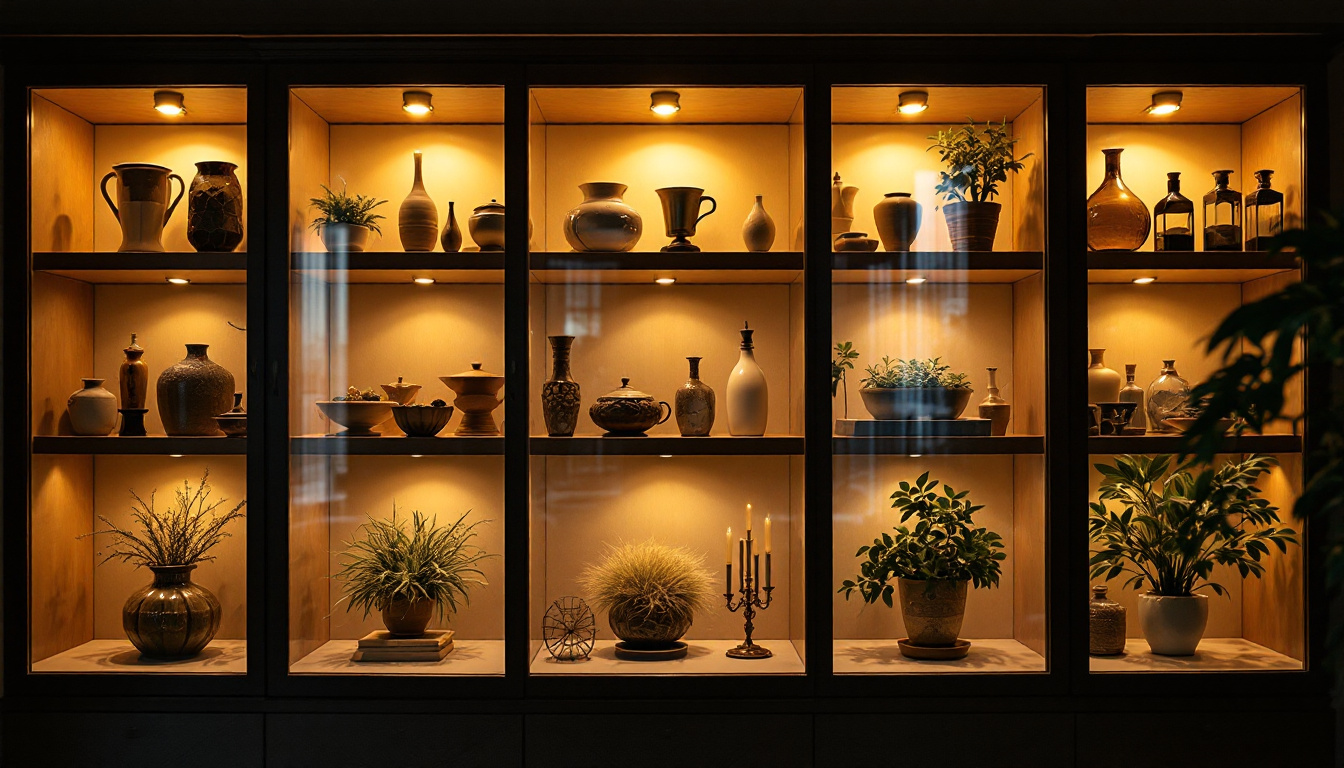 A photograph of a beautifully arranged display cabinet illuminated by strategically placed