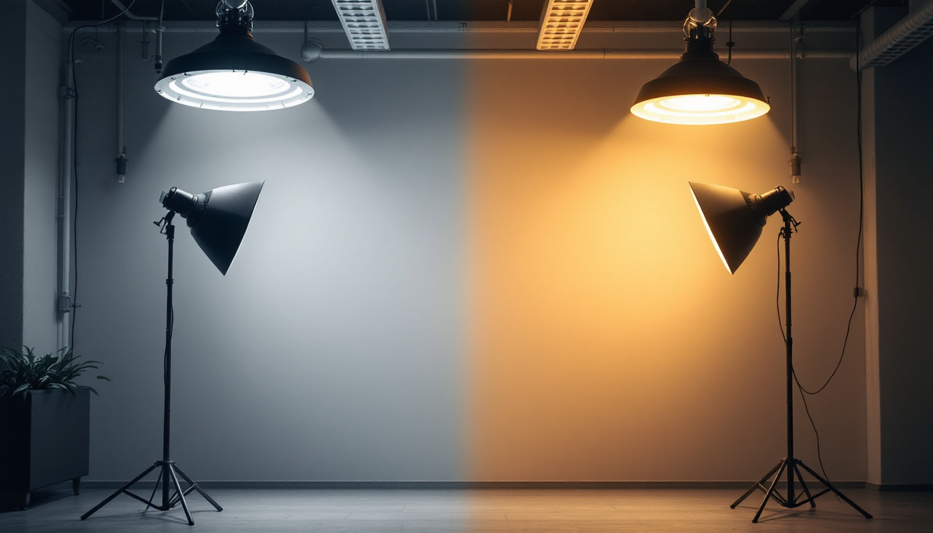 A photograph of a side-by-side comparison of industrial and commercial lighting setups