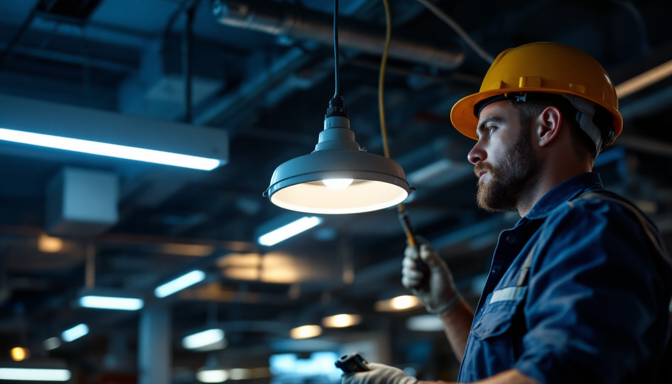 A photograph of a technician skillfully replacing a light ballast in a commercial lighting fixture