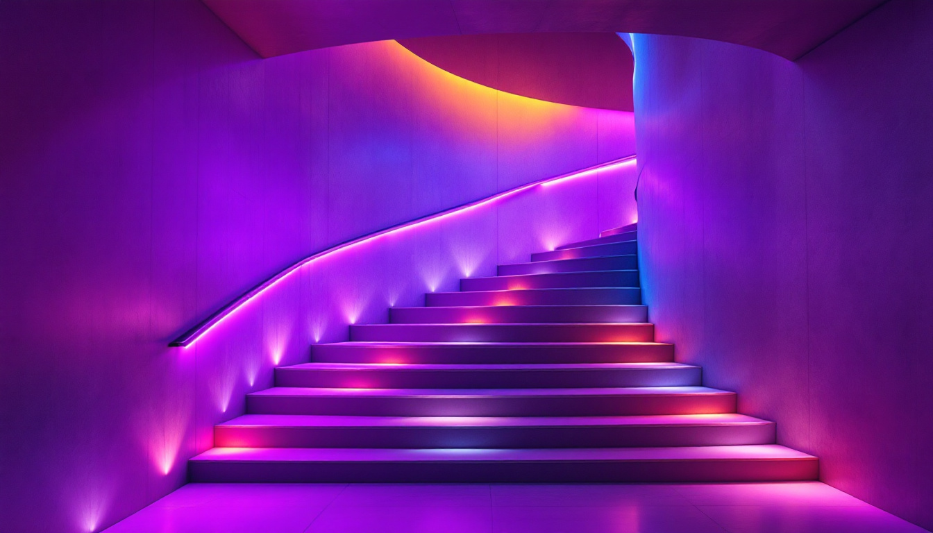 A photograph of a beautifully designed indoor stairwell featuring innovative lighting solutions