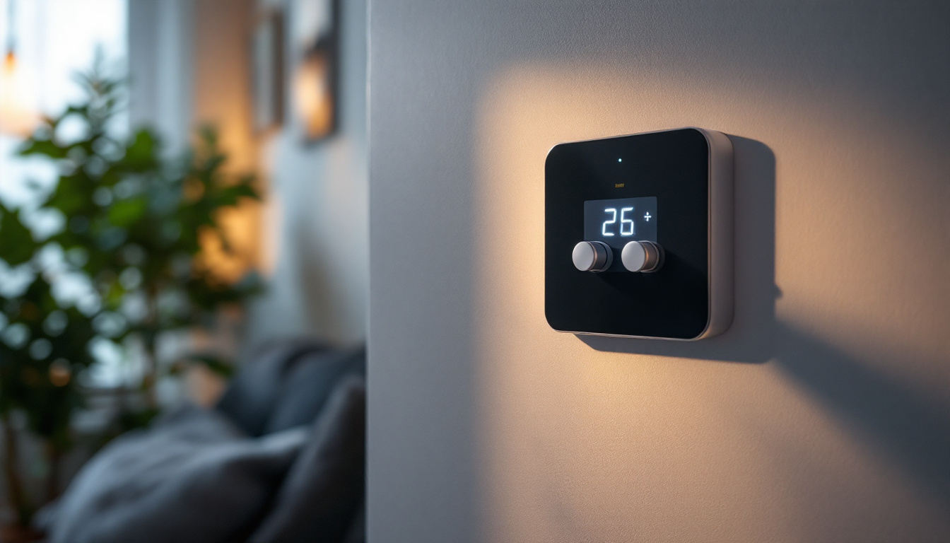 A photograph of a modern humidistat switch installed in a stylish home environment