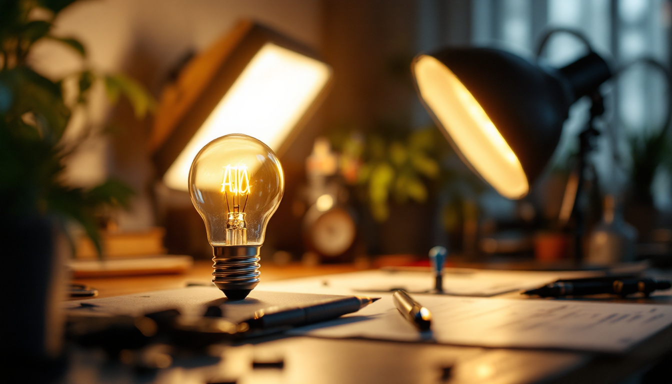 A photograph of a well-lit workspace featuring a 40 watt type b bulb in use