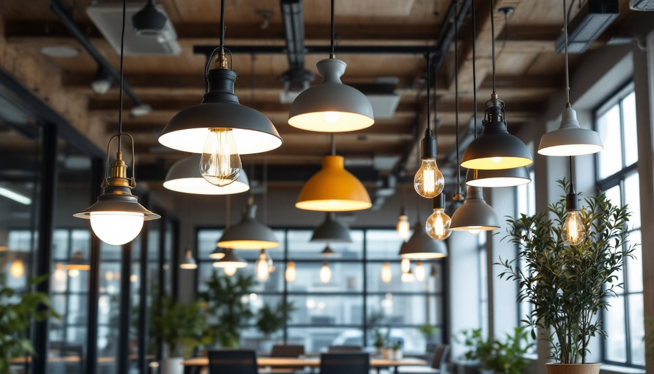 A photograph of a modern office space showcasing various types of light fixtures