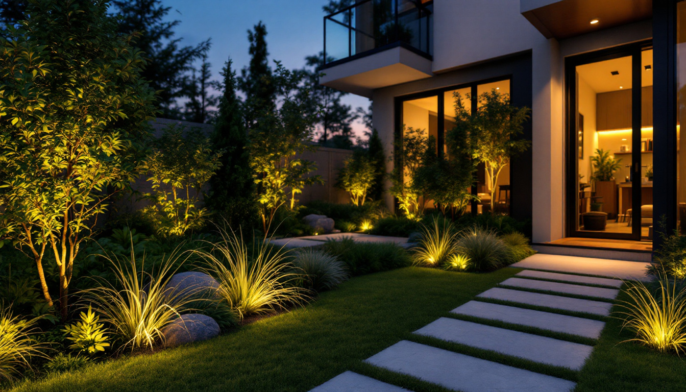 A photograph of a beautifully landscaped outdoor space at dusk