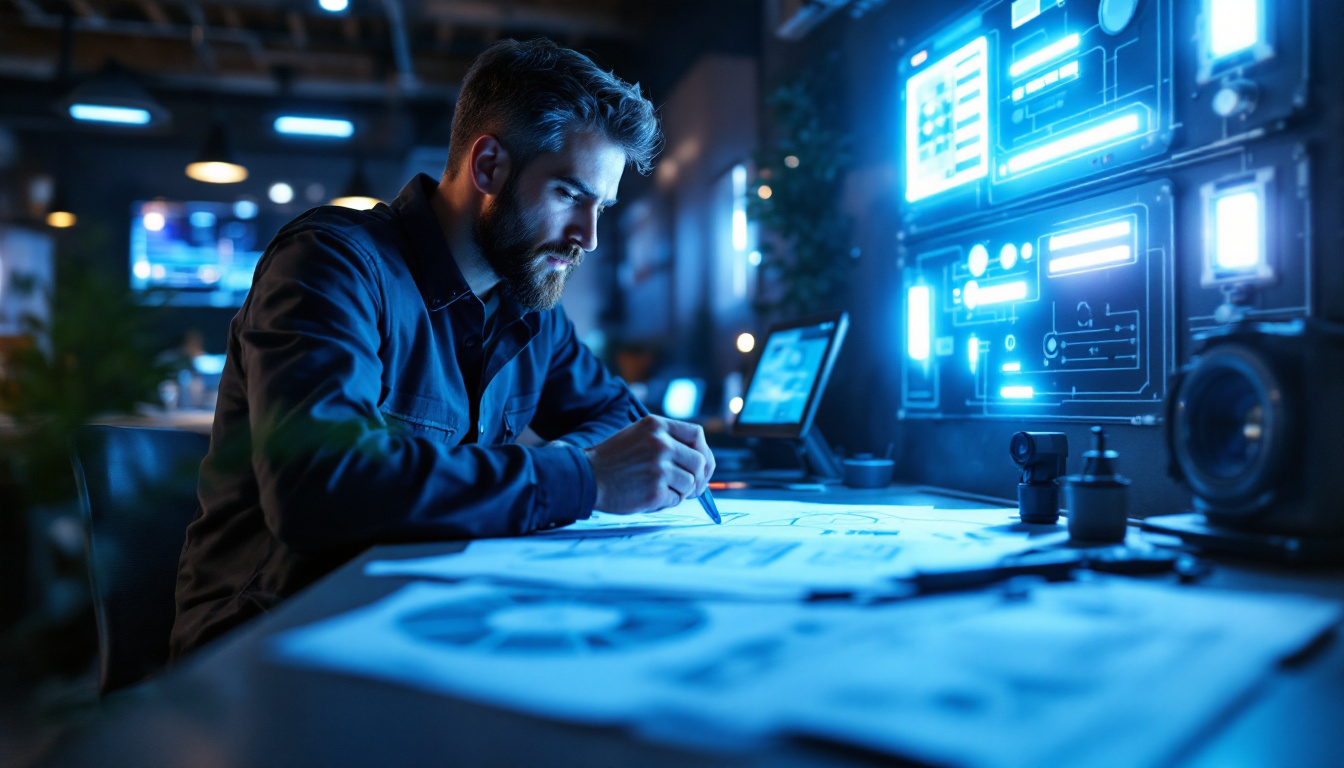 A photograph of a modern electrical engineer examining a well-lit