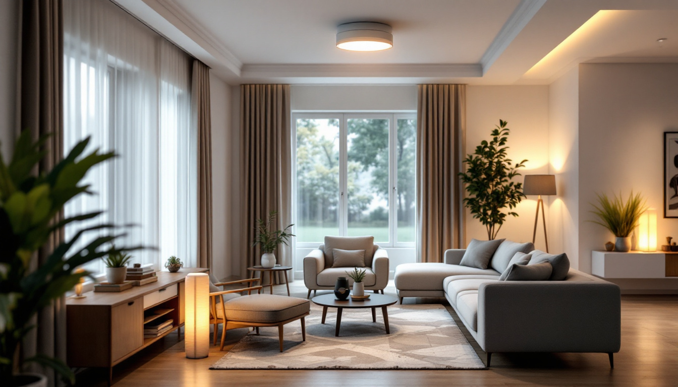 A photograph of a home interior featuring a well-lit living space with a prominently displayed emergency light