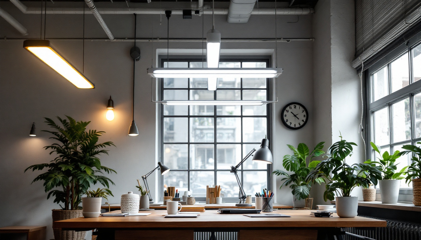 A photograph of a brightly lit workspace showcasing various fluorescent light fixtures in use