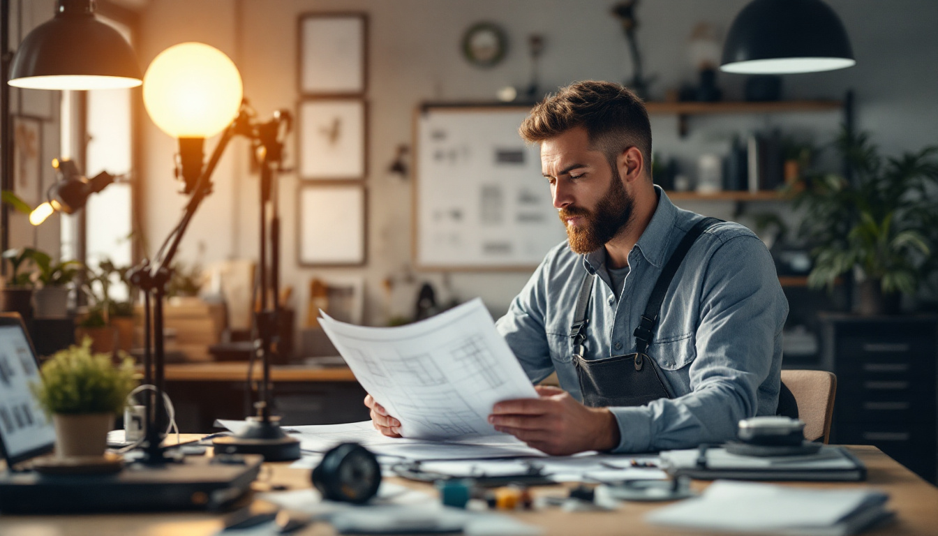 A photograph of a well-lit workspace featuring an electrical engineer reviewing lighting project plans