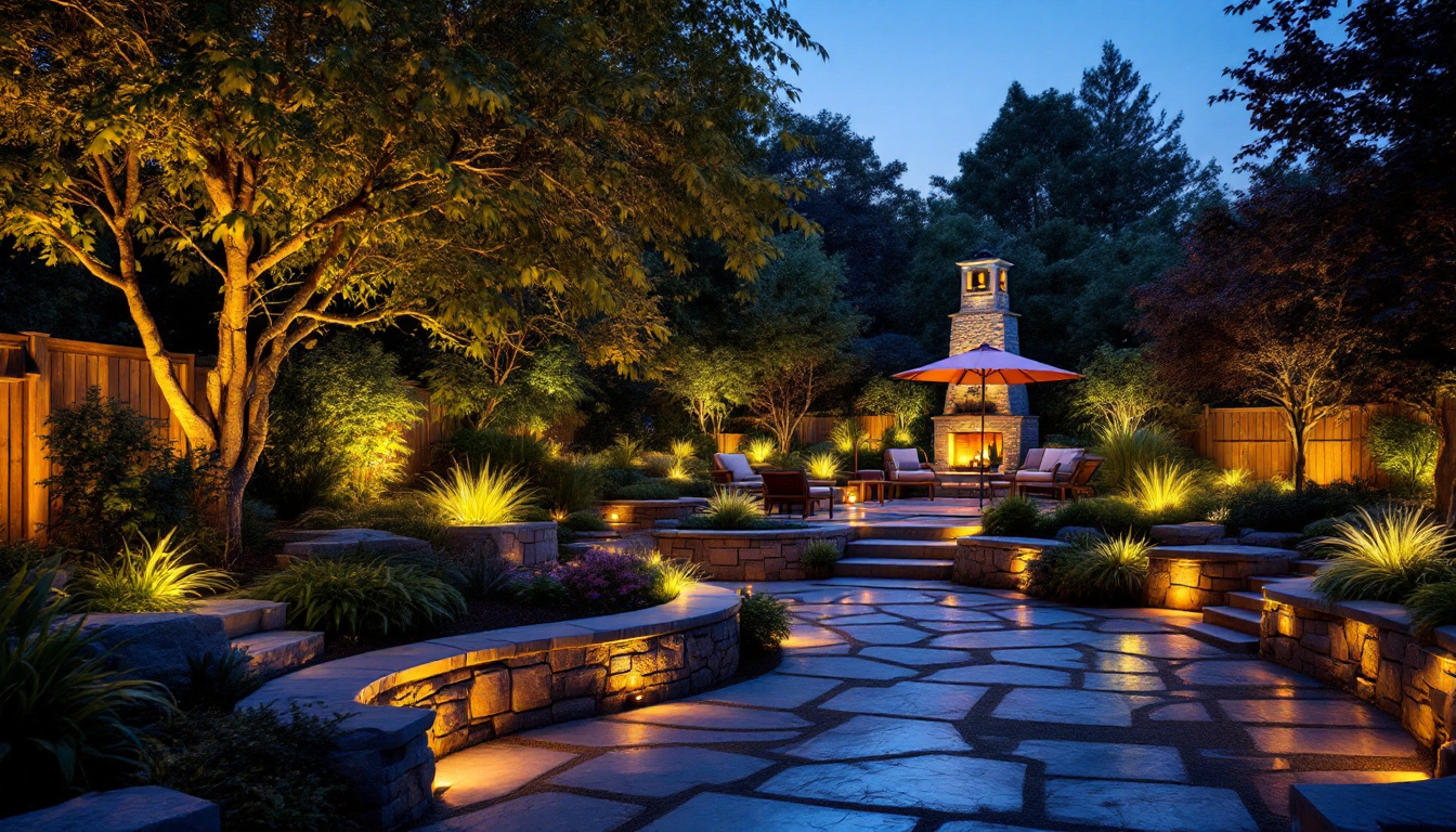 A photograph of a beautifully landscaped backyard illuminated by various energy-efficient lighting options