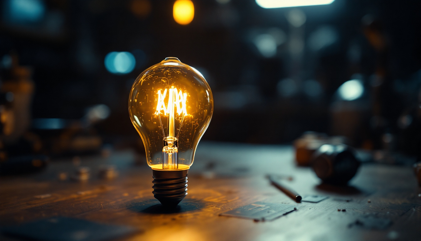 A photograph of a close-up of a type a light bulb illuminated in a dimly lit environment