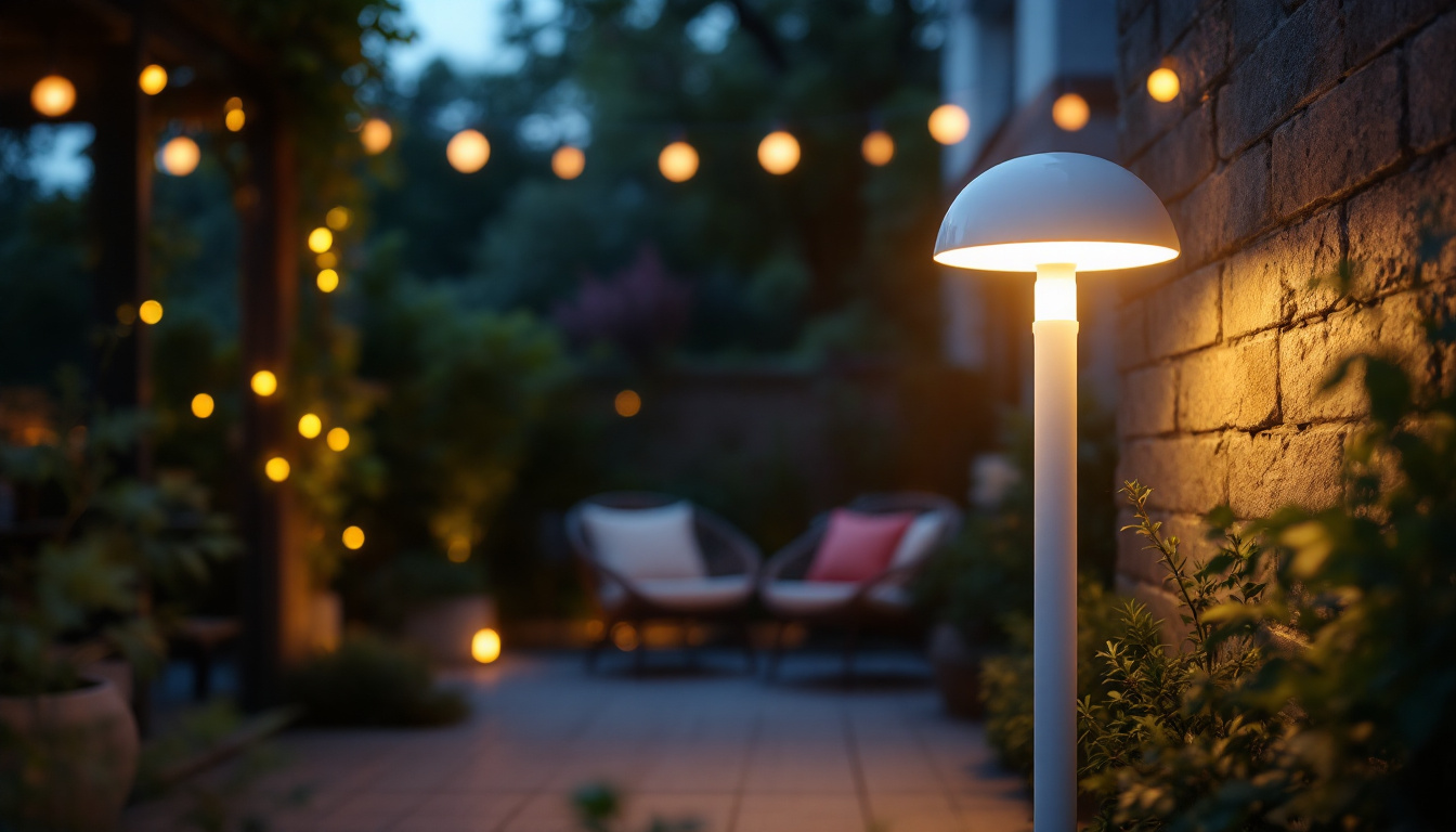 A photograph of a beautifully designed white outdoor lamp illuminating a cozy garden or patio setting at dusk