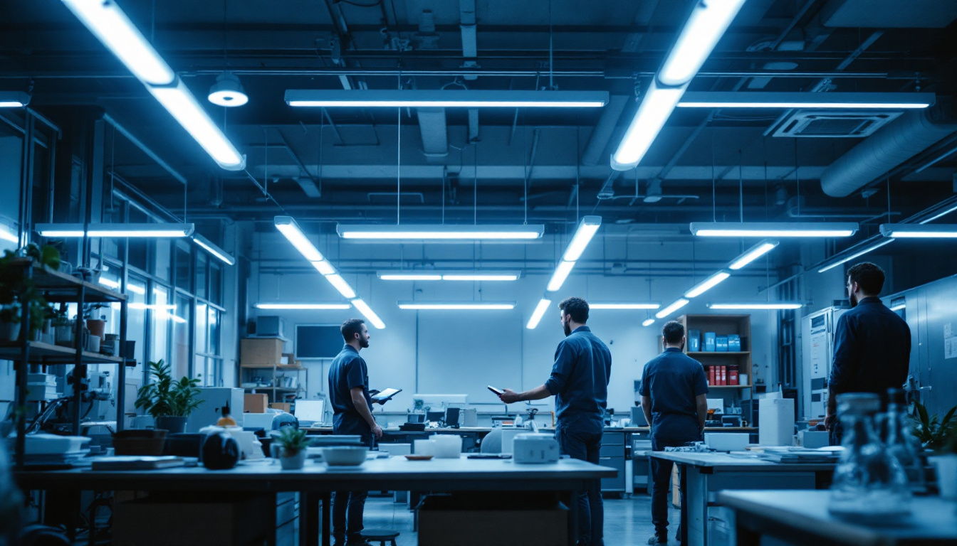 A photograph of a well-lit workspace featuring u-shaped fluorescent tubes in use