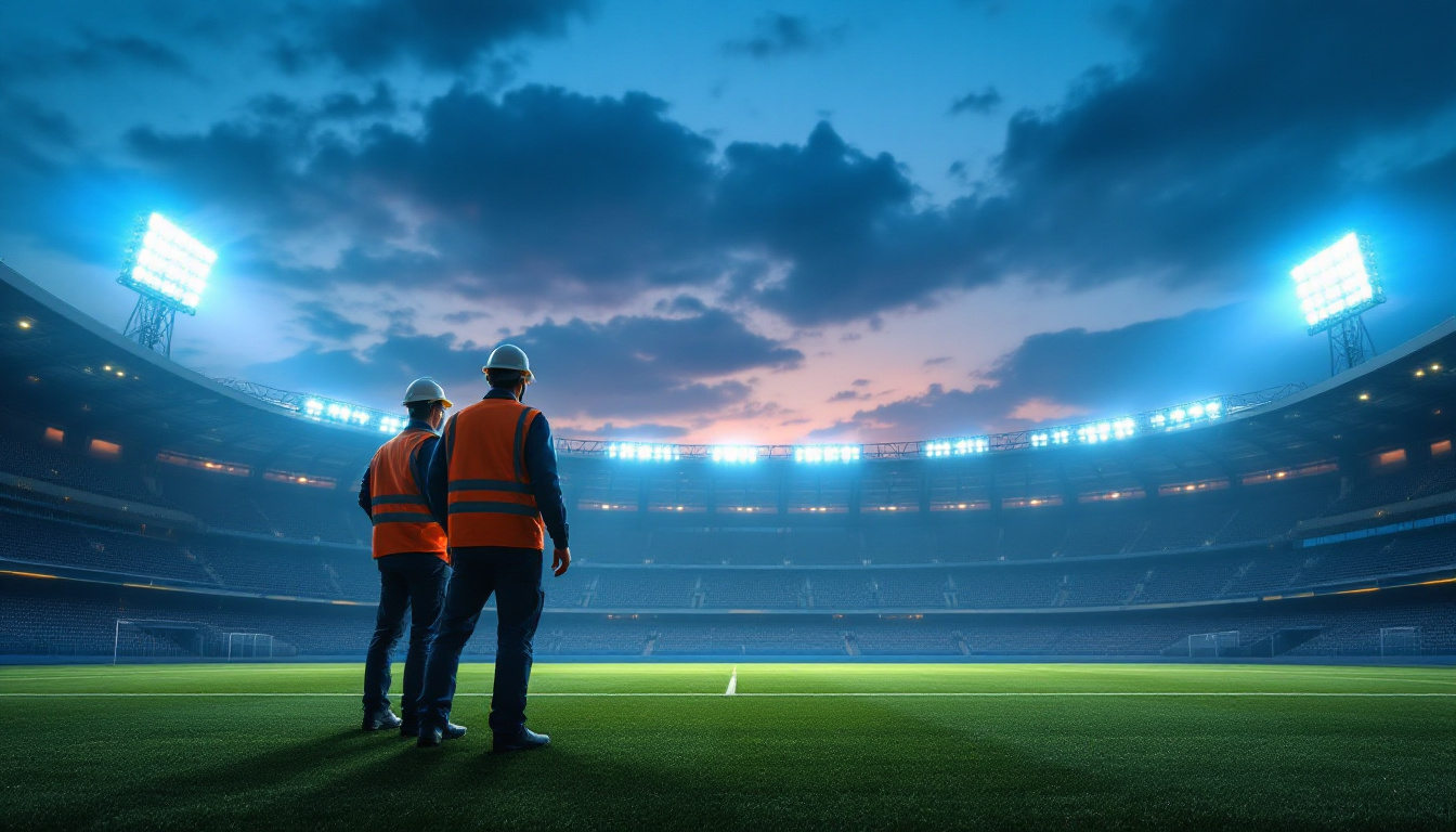 A photograph of a well-lit football field at dusk