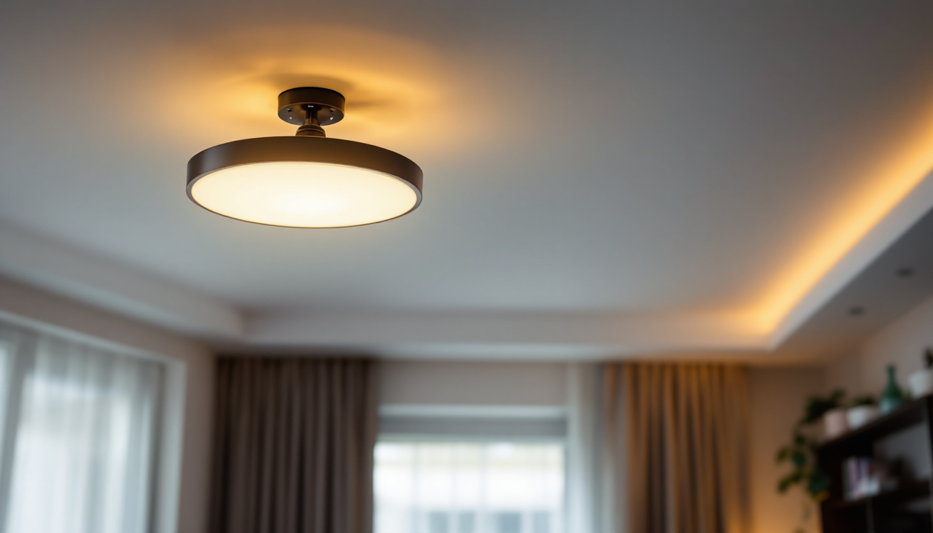 A photograph of a stylish ceiling flush light fixture installed in a modern interior setting