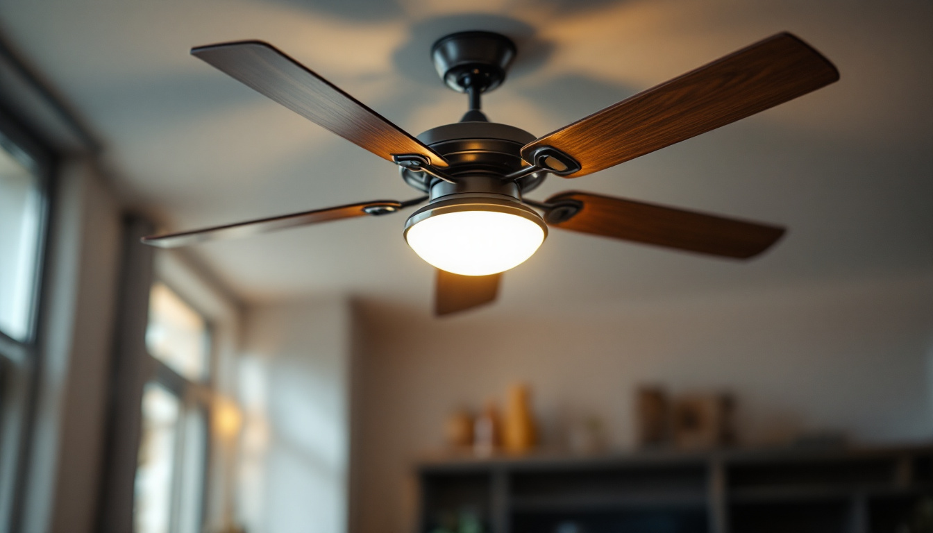 A photograph of a stylish ceiling fan in a well-lit room