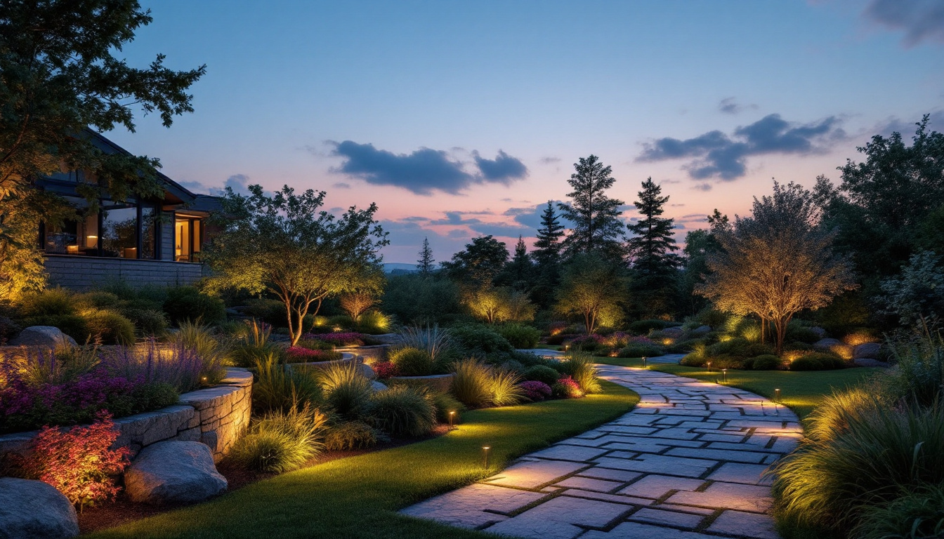 A photograph of a beautifully illuminated outdoor landscape at dusk