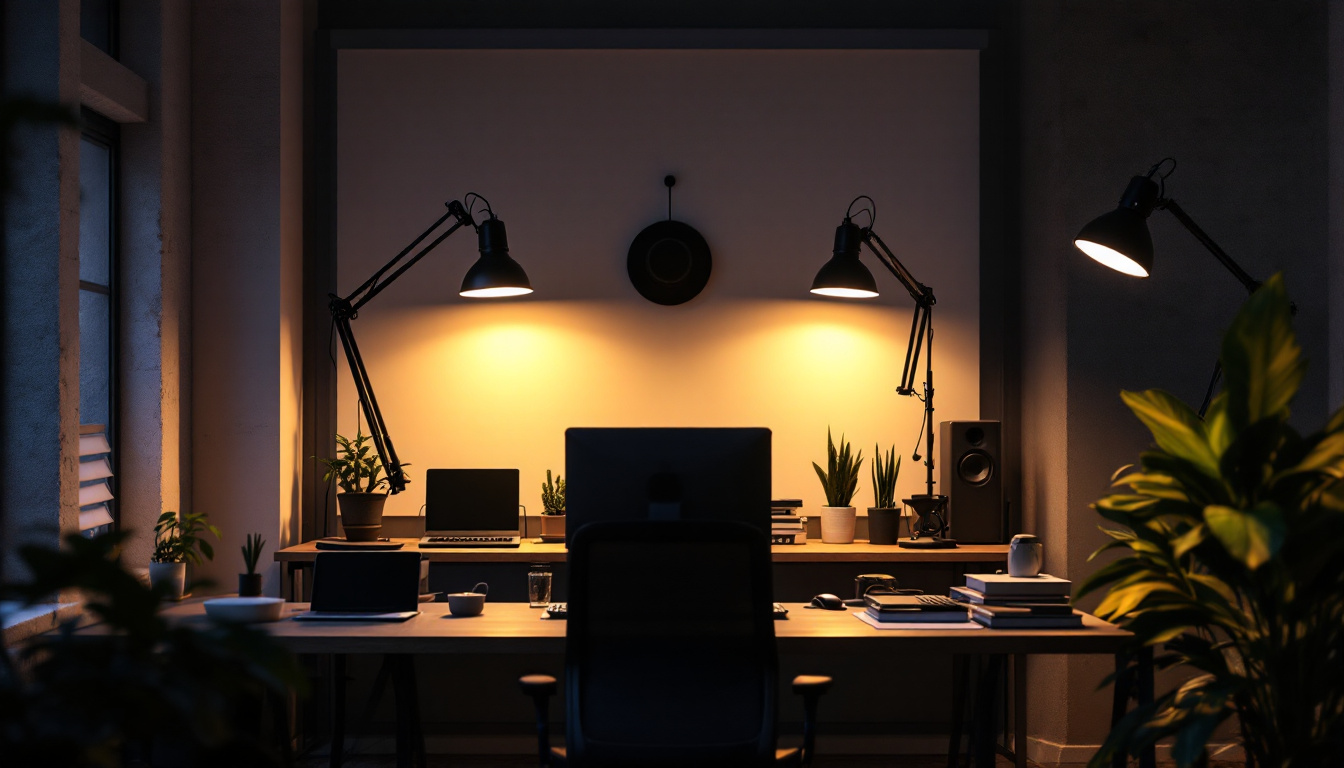 A photograph of a well-lit workspace featuring four led shop lights strategically placed to illuminate various areas