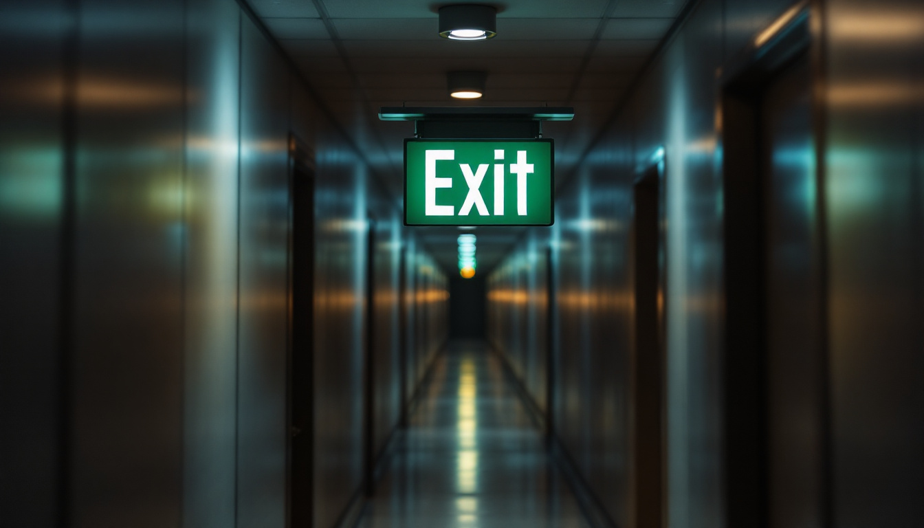 A photograph of a well-lit exit sign with battery backup in a dimly lit corridor