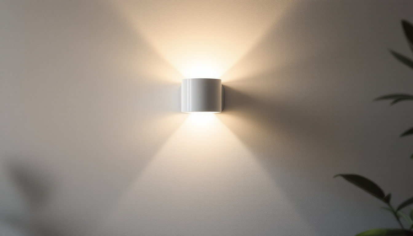 A photograph of a stylish white wall sconce light elegantly illuminated in a modern interior setting