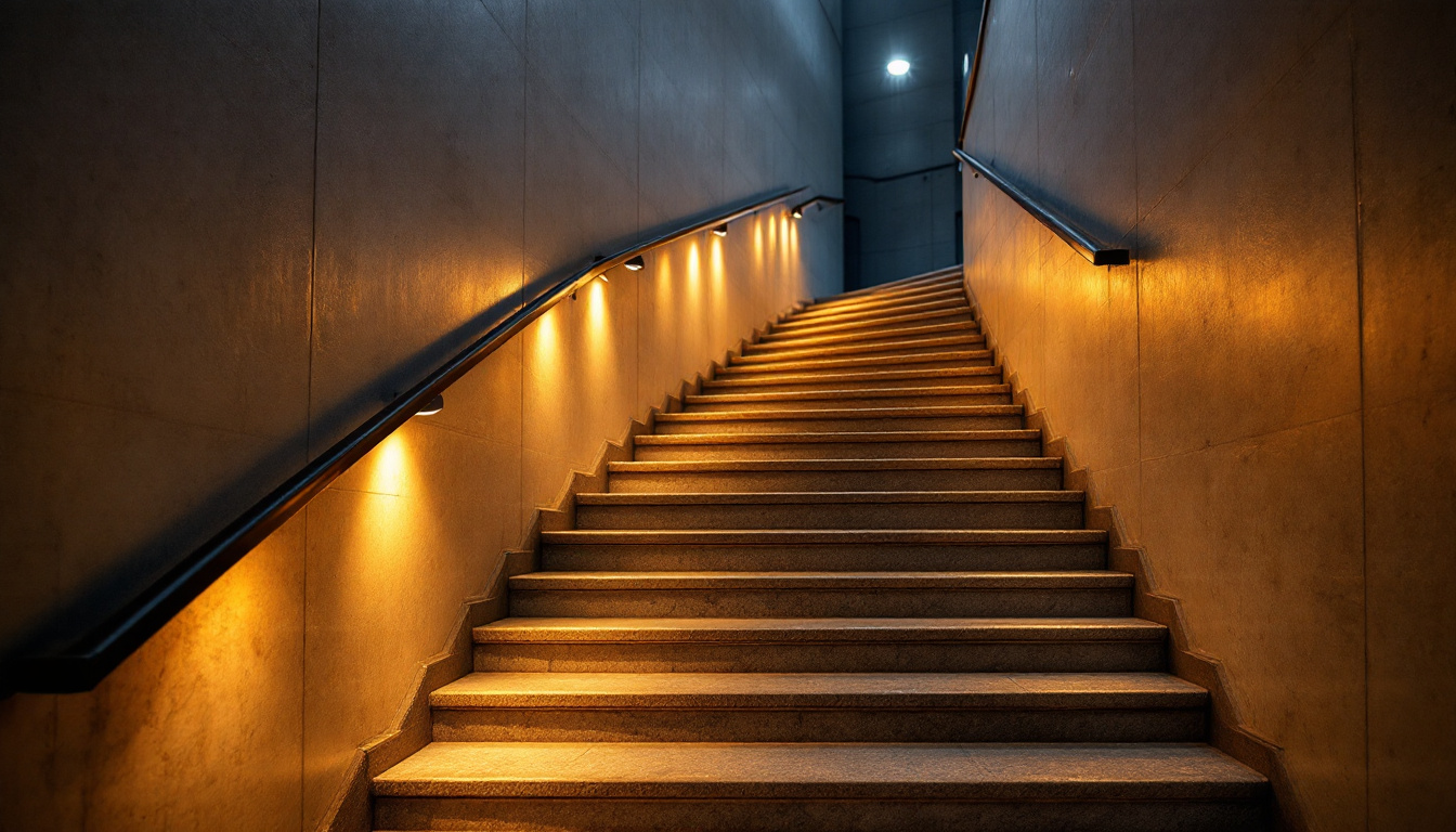 A photograph of a well-lit stairway showcasing a blend of modern lighting solutions and traditional design elements