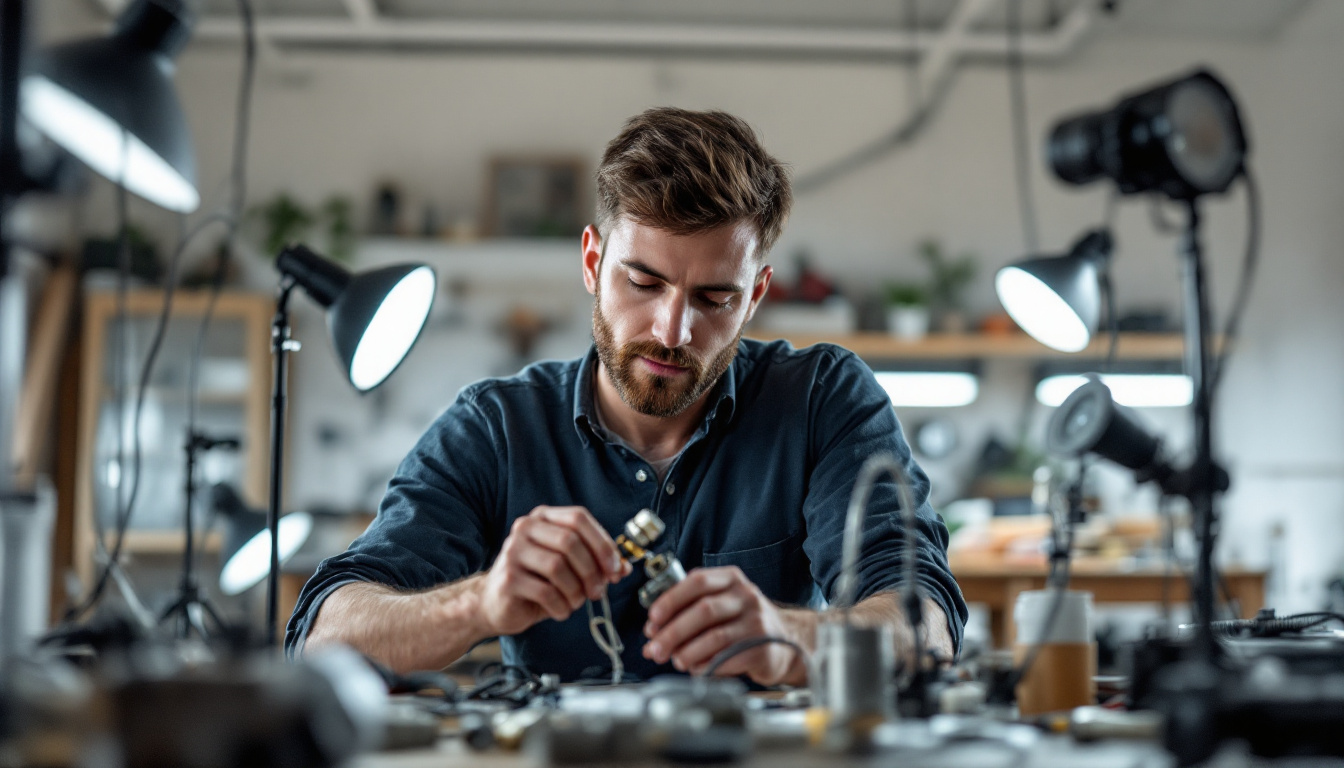 A photograph of a skilled lighting engineer working with various wire adapters and lighting fixtures in a well-lit workshop