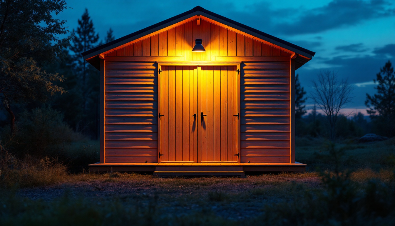 A photograph of a well-lit storage shed at dusk