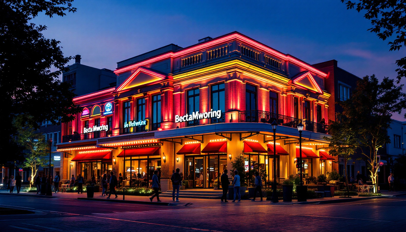 A photograph of a well-lit commercial building at dusk