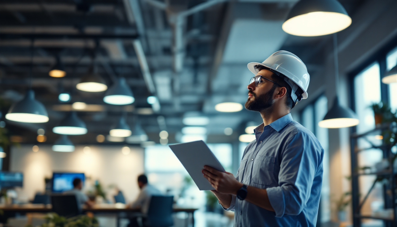 A photograph of a lighting engineer analyzing a well-lit commercial space