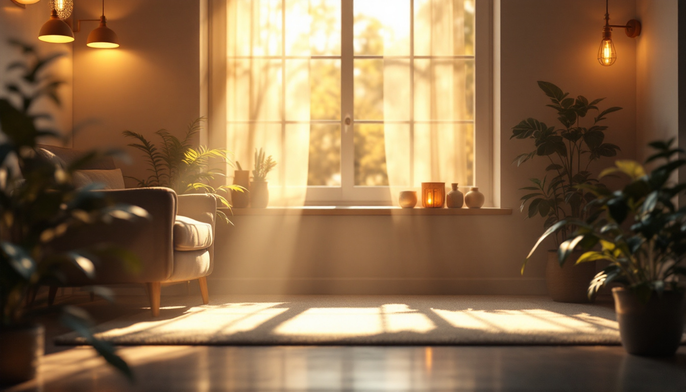 A photograph of a beautifully lit interior space that showcases a variety of light sources—such as natural light streaming through a window