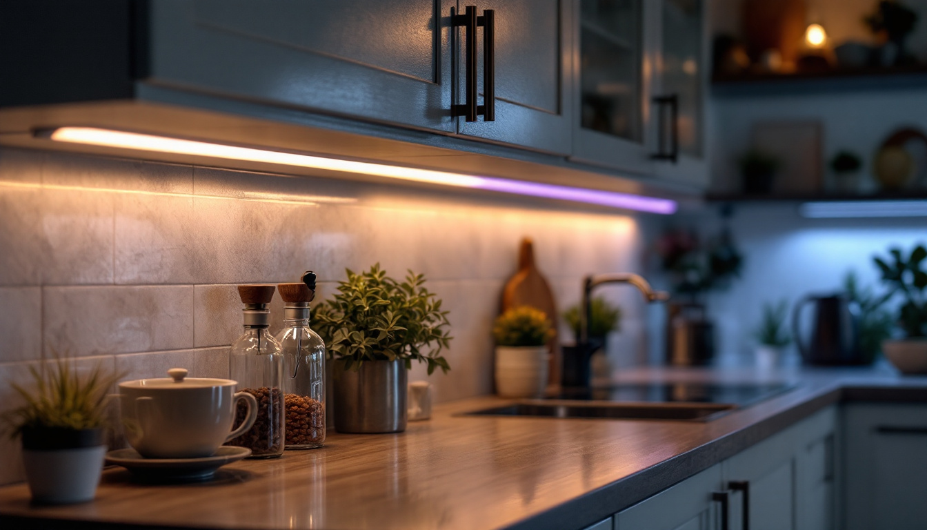 A photograph of a well-lit kitchen scene showcasing under cupboard led strip lights illuminating the countertop