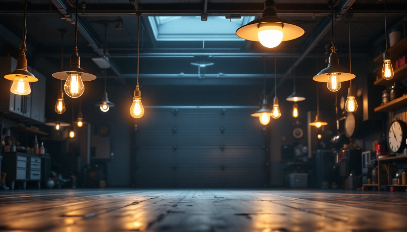 A photograph of a well-lit garage featuring various styles of hanging lights