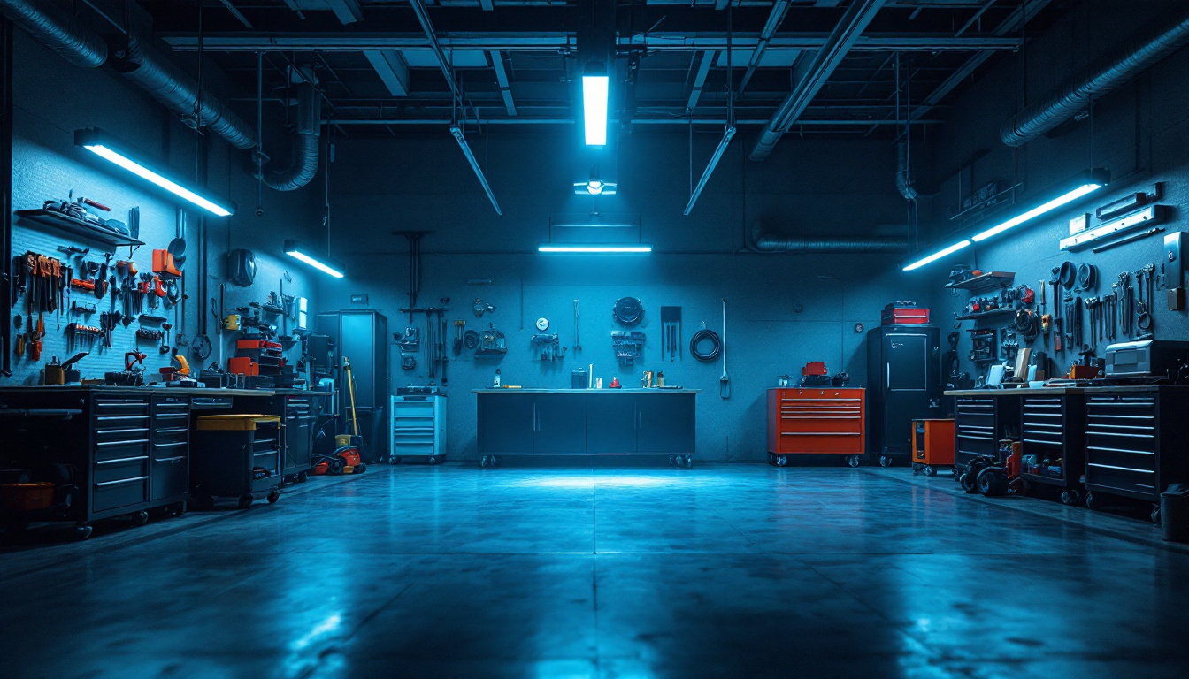 A photograph of a well-lit garage workspace featuring sleek led shop lights illuminating various tools and equipment