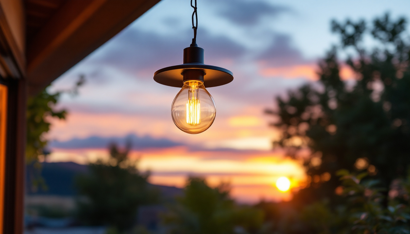 A photograph of a beautifully designed solar pendant light installed in an outdoor setting