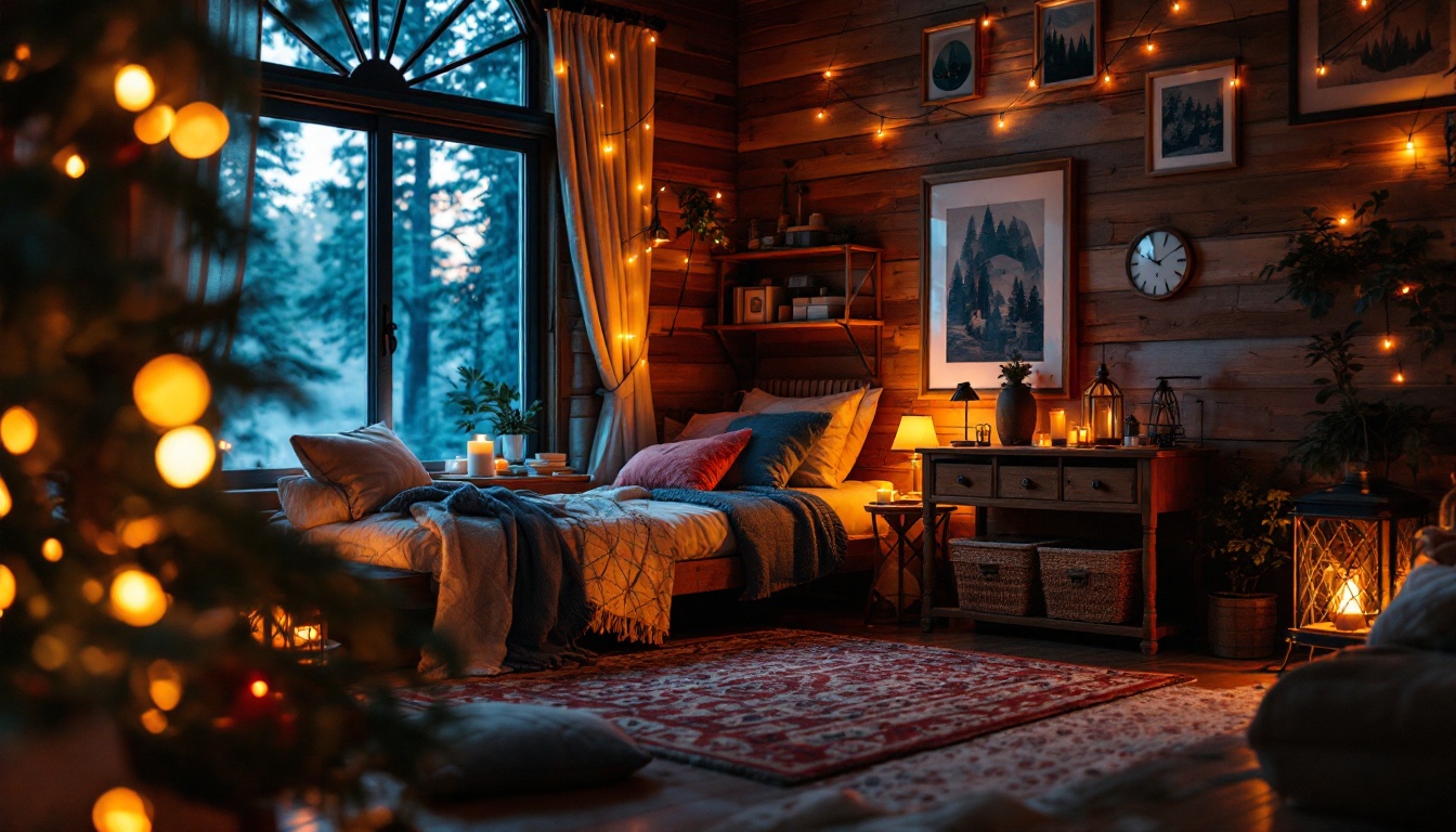 A photograph of a cozy cabin interior illuminated by warm