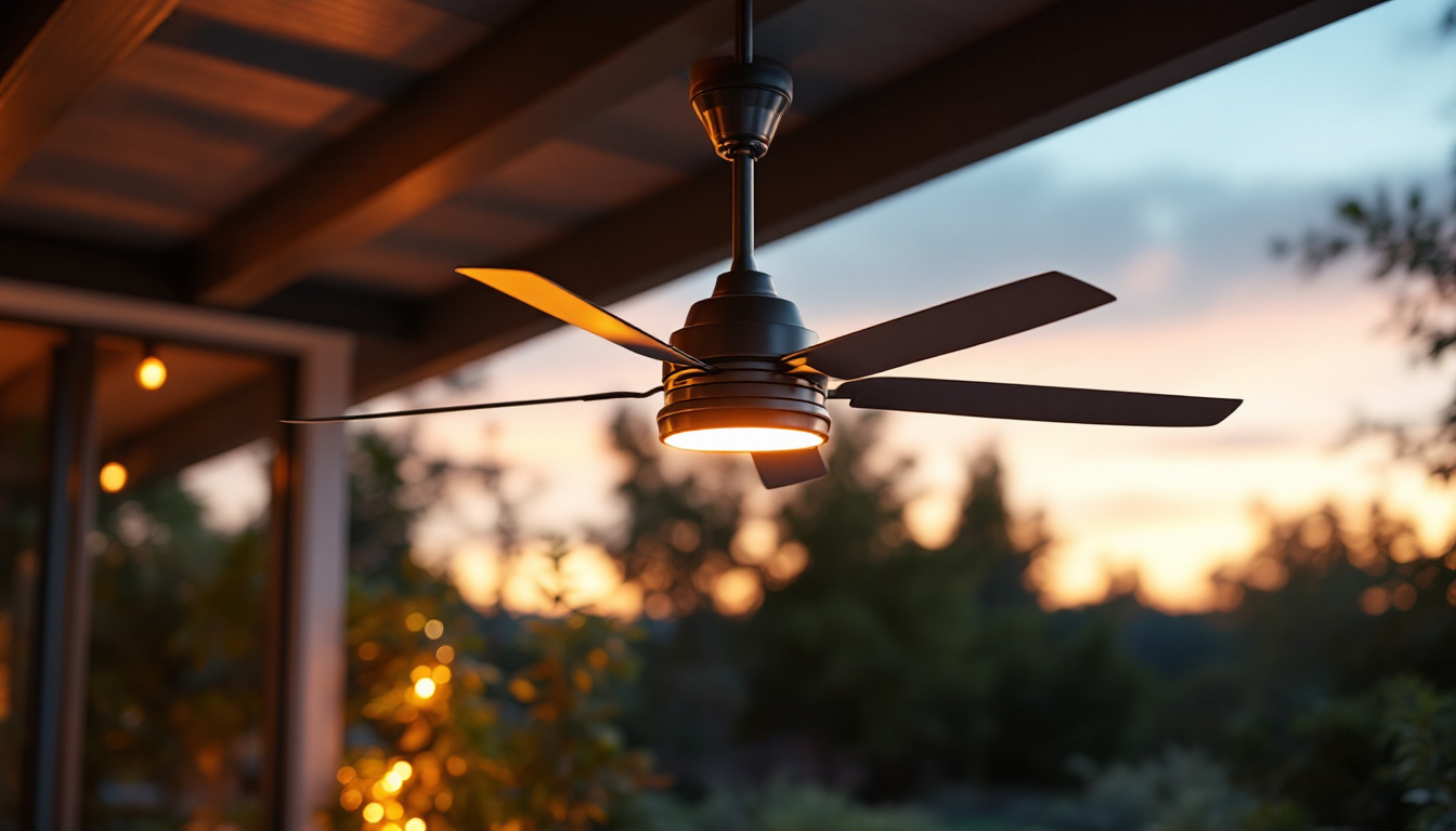 A photograph of a stylish metal outdoor ceiling fan installed in a beautifully landscaped outdoor setting during twilight