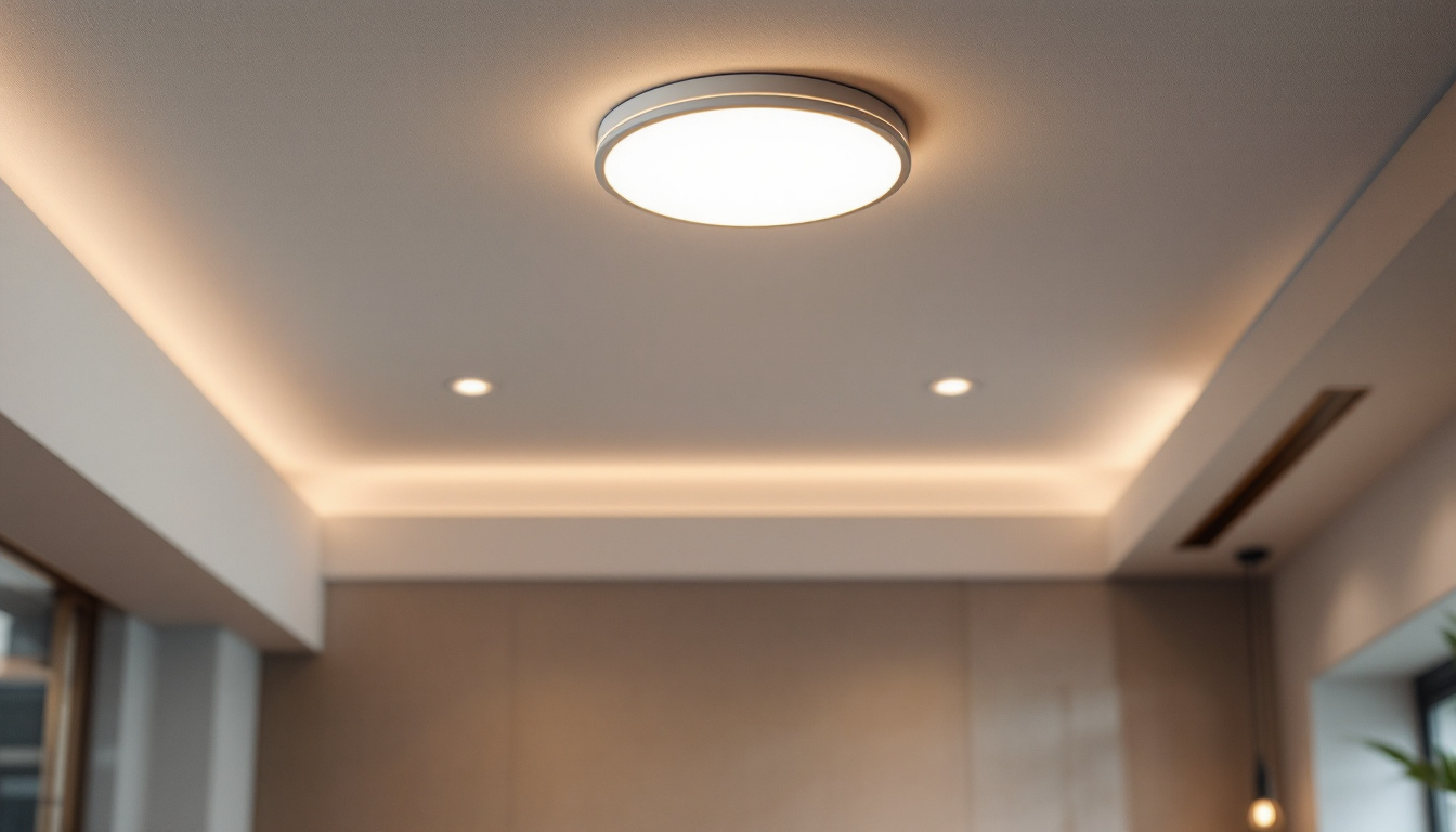 A photograph of a stylishly designed interior space featuring flush mounted lights