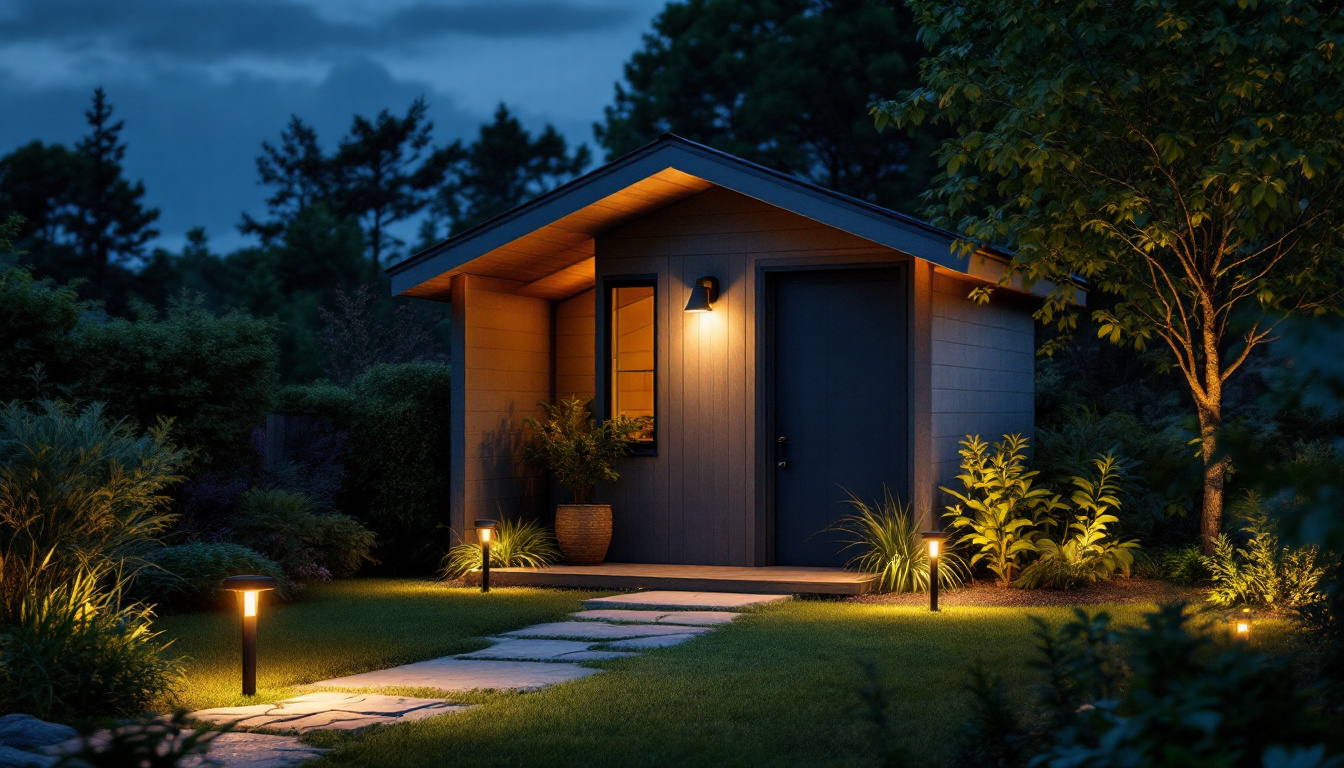 A photograph of a well-lit shed surrounded by a serene outdoor setting at dusk