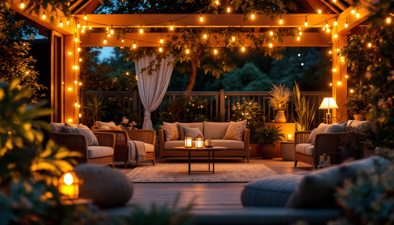 A photograph of a beautifully lit outdoor space showcasing a variety of decorative lights