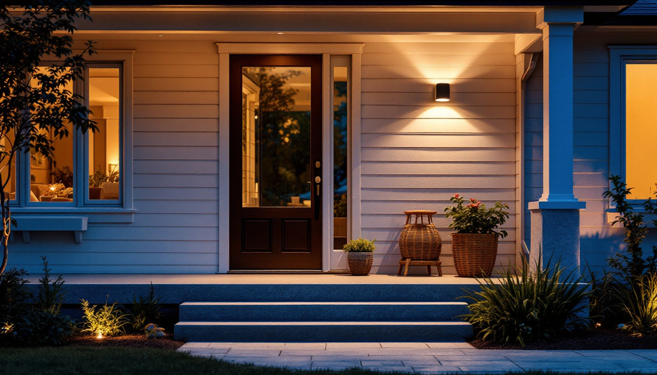 A photograph of a beautifully designed porch featuring a motion detector light in action