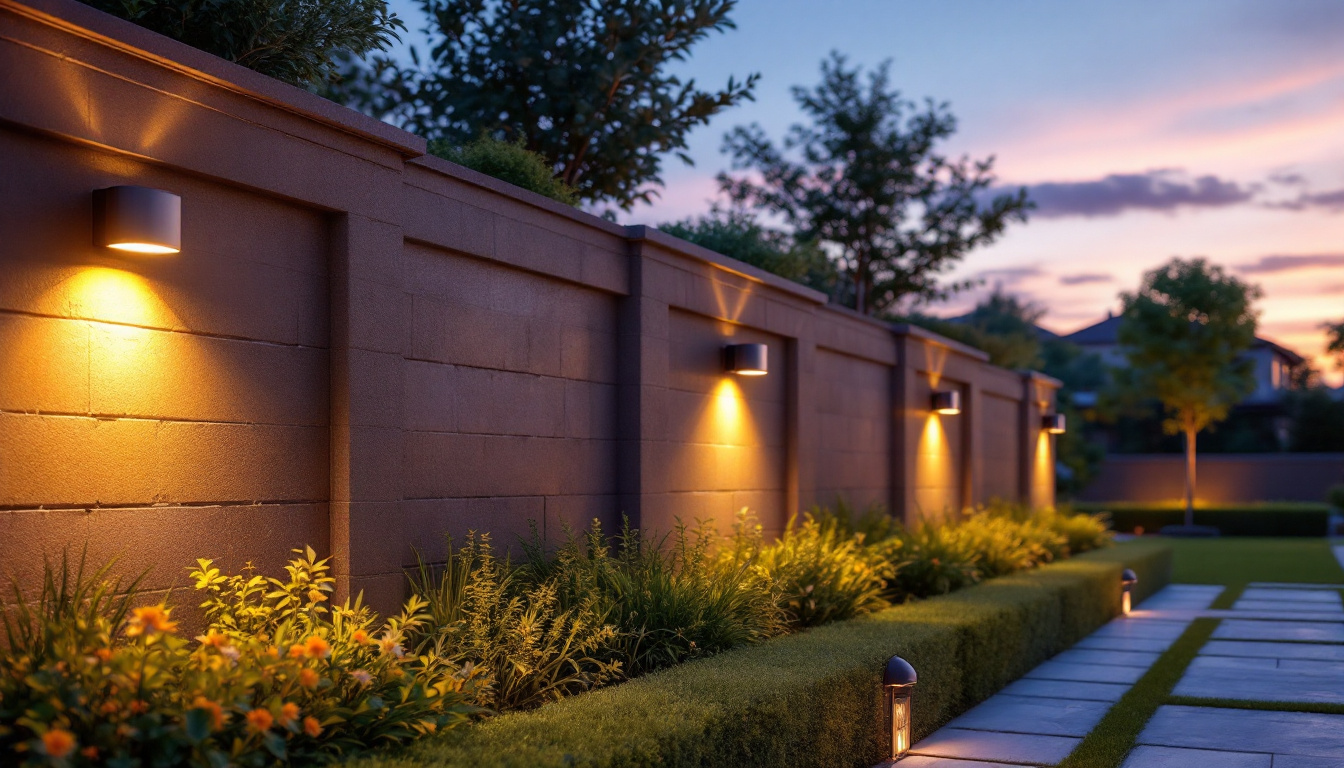 A photograph of a beautifully illuminated outdoor wall featuring solar-powered wall lights in a serene garden setting during dusk