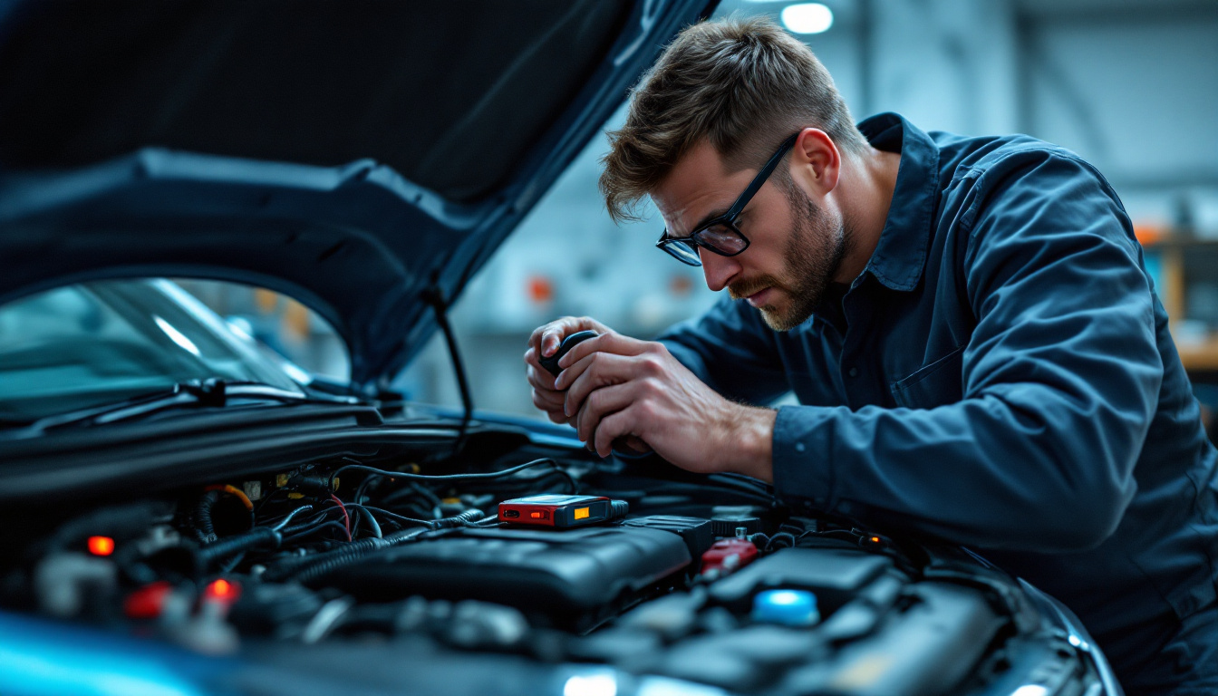 A photograph of a mechanic or technician inspecting a car's electrical lighting system